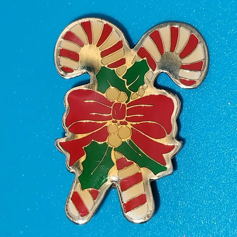 Vintage Christmas Candy Cane Holly Bow Enamel Pin Brooch Holiday Collectible